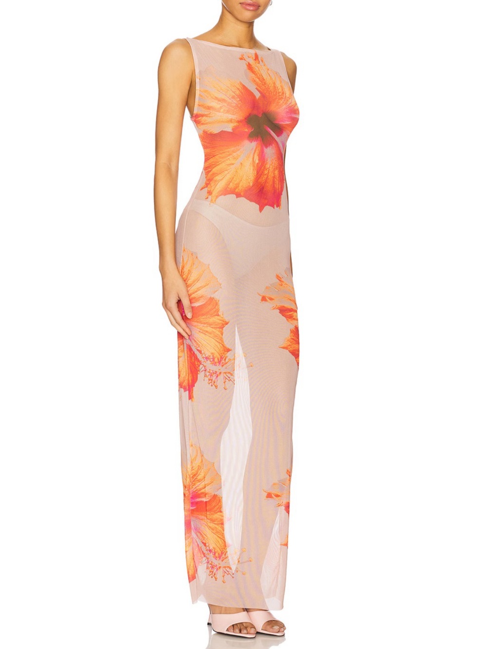 Good American Gauze Mesh Maxi Dress in Mauve Tropical Hibiscus sz Small